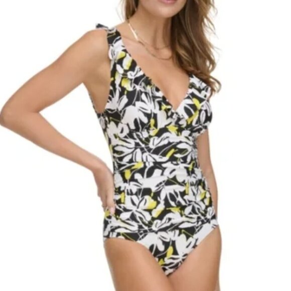 DKNY Ruffle Neck One Piece Swimsuit Fluro Yellow Multi Black Small New - Picture 2 of 8